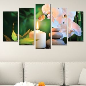 0620  Wall art decoration (set of 5 pieces) White orchids on green background