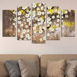 0723 Wall art decoration (set of 5 pieces) White spring flowers