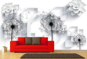 T9010 Wallpaper 3D Dandelions - white and black