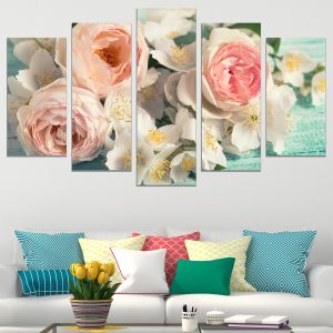 0796 Wall art decoration (set of 5 pieces) Vintage flowers in pastel colors