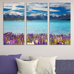 0862 Wall art decoration (set of 3 pieces) Mountain landscape with lake and flowers