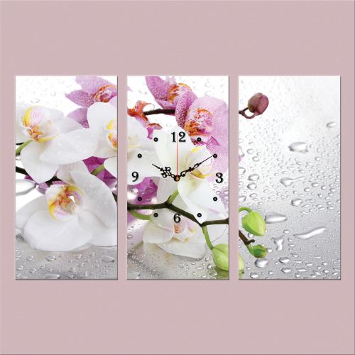 C0326_3 Clock with print 3 pieces White and purple orchids