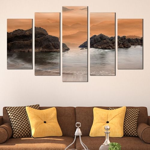 wall art canvas decoration set with rocks in the sea