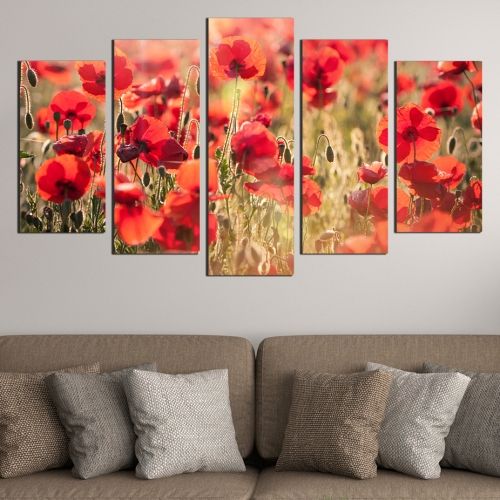 Canvas art set Poppies in red and green