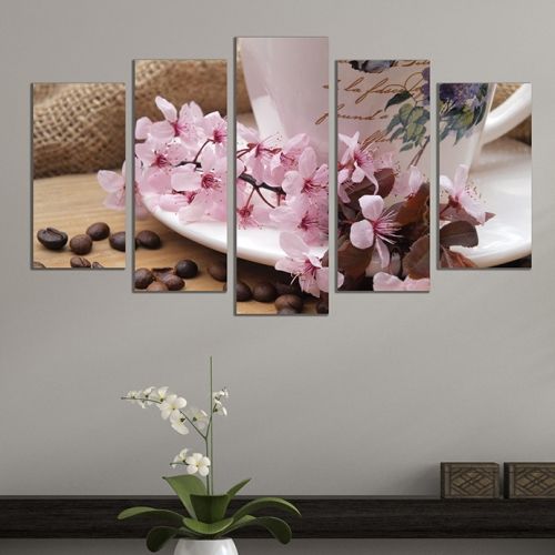 Canvas art set Composition with coffee and cherry blossom