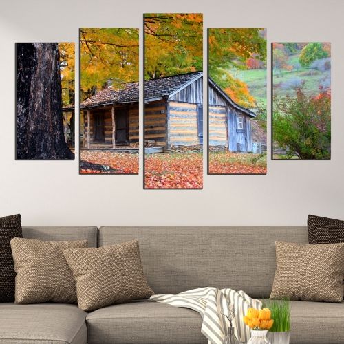 wall art canvas decoration set with house and forest