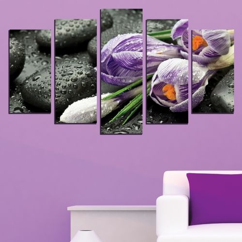 Canvas art set zen composition black purple tulips