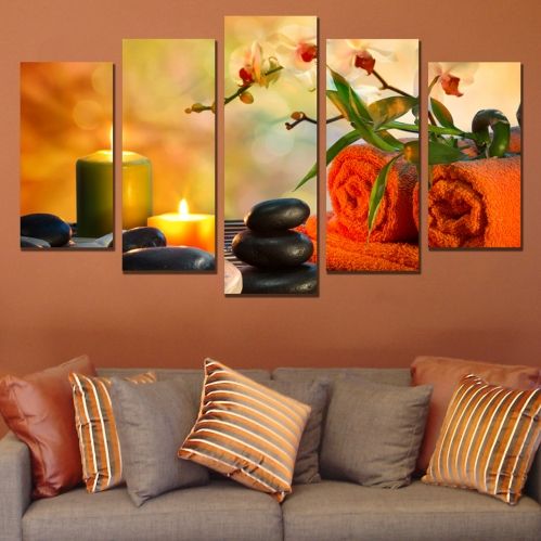 Декоративно пано за стена дзен композиция орхидеи, камъни, оранжев фон