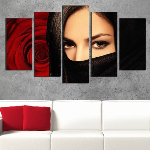 Canvas art set for decoration mysterious woman and rose