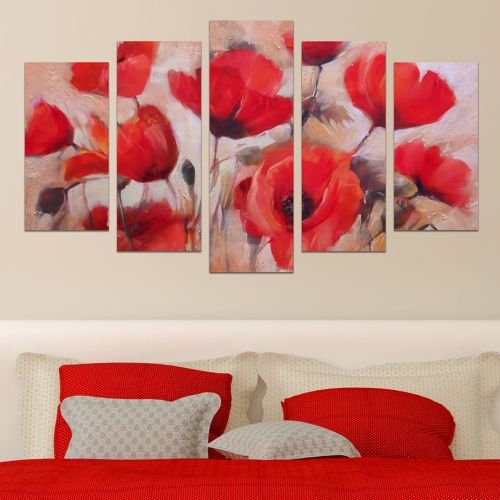 0563 Wall art decoration (set of 5 pieces) Red poppies