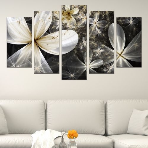 Canvas art set beautiful abstract flowers in black, white, yellow and gold