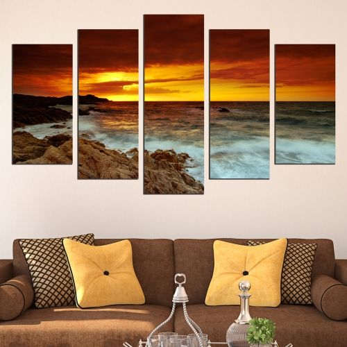 Modern canvas art sunset sea beach brown