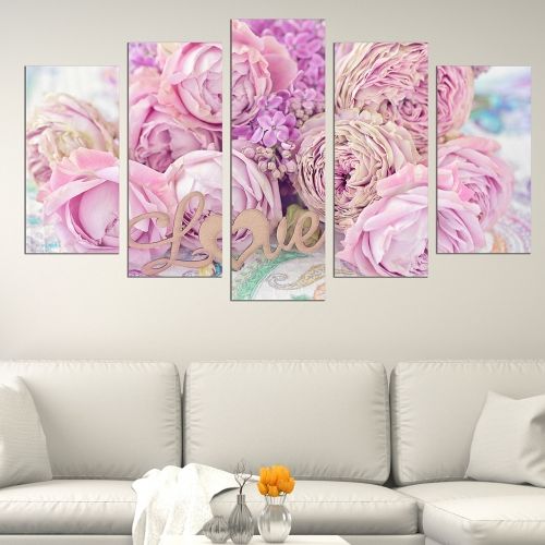 Canvas art set for decoration Branch with bouquet of beautiful flowers