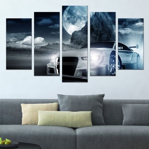 Canvas art set for decoration nice sport white car night landscape