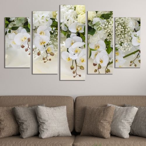 Canvas wall art set ot 5 pieces in white and green for living room