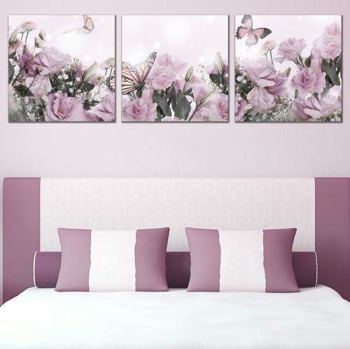 bedroom wall decoration set 3 pcs. purple roses