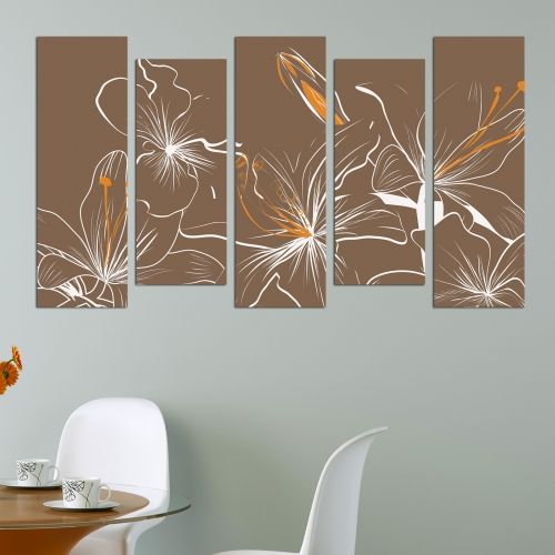 Floral painting of 5 parts in brown and orange