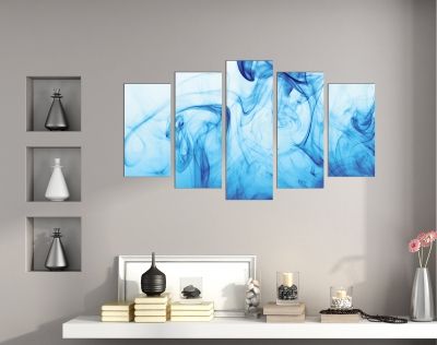 Abstract wall art with blue smoke on black background