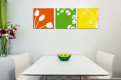 Wall art decoration set with florals in orange, green and yellow