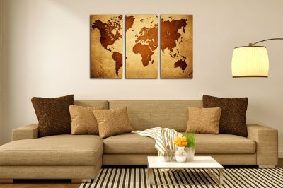 Canvas wset of 3 pieces world map in brown