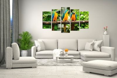 Colorful canvas wall art with parrots
