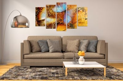canvas print decoration in brown, yellow and blue with butterflies