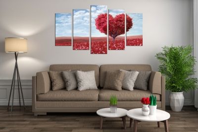 canvas print decoration in blue and red with hert-tree and flowers field