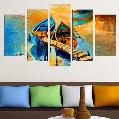 0461 Картина-пано от 5 части Морски пейзаж с лодки