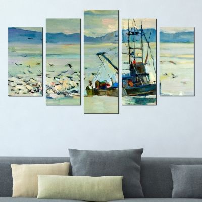 Canvas art reproduction with fishing boat in blue