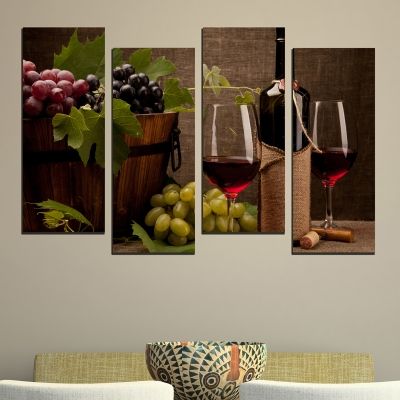 0484  Wall art decoration (set of 4 pieces) Composition with red wine and grapes