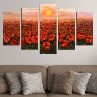 Canvas art reproduction landscape with field of poppies