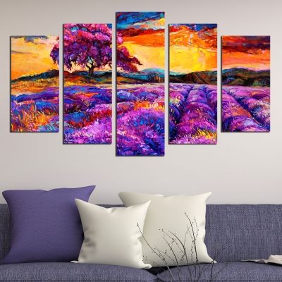 0506 Wall art decoration (set of 5 pieces) Landscape in purple