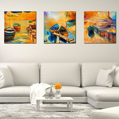 set of 3 paintings sea landscape Boats oil painting reproduction