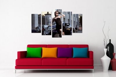 Vintage style fashion canvas art with woman and car