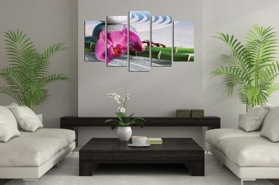 Zen canvas art composition with sand bamboo orchid and stones