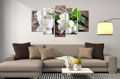Картина от 5 части за хол - декорация за стена Цветя жасмин в бяло, зелено и кафяво