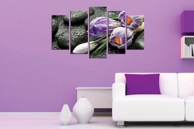 Zen canvas art composition with tulops stones black purple