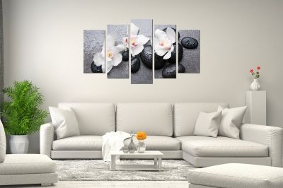 Zen canvas art composition with orcjids and stones grey background