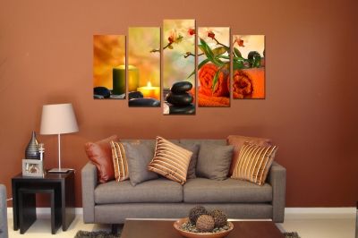 Zen canvas art composition with orchids and stones orange background