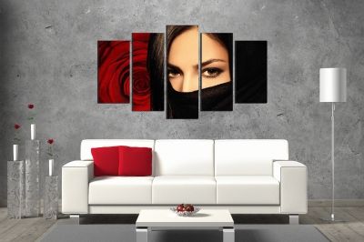 canvas art with mysterious woman and red rose