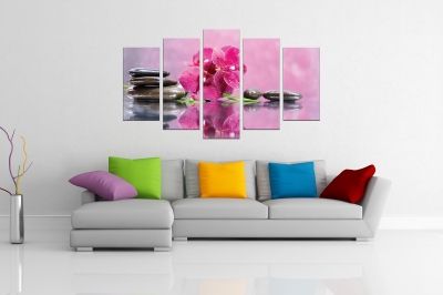 Zen canvas art composition with orchids and stones pink background