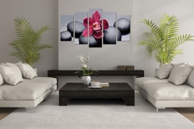 Zen canvas art composition with orchids and stones grey background