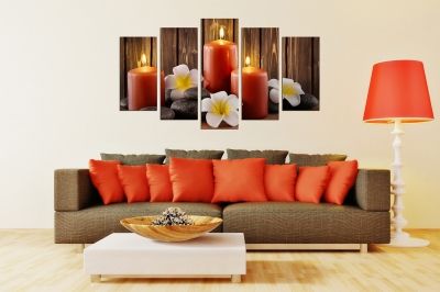 Zen canvas art composition with orchids and stones brown background and orange