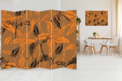Canvas Room divider with print Flowers in orange and brown 