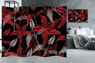 Canvas Room divider with print Flowers in red and black 