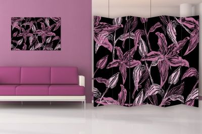 Canvas Room divider with print Flowers in purple and black 