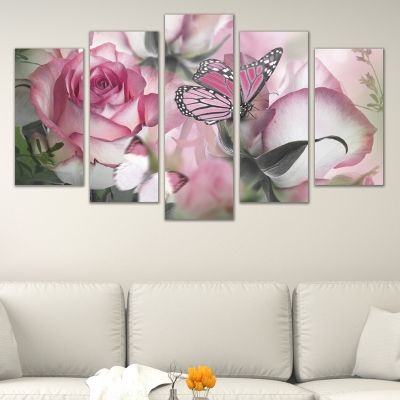 Canvas art with gentle vintage roses and butterflies