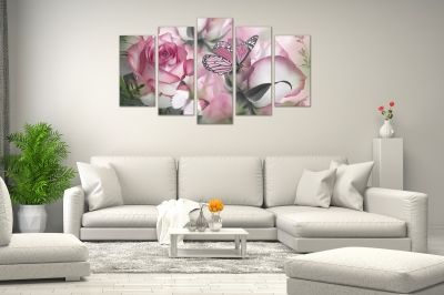 Wall art decoration for bedroom pink vintage roses and butterflies