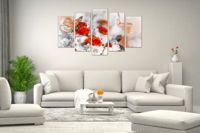 Wall art decoration for bedroom pink vintage roses and butterflies in orange