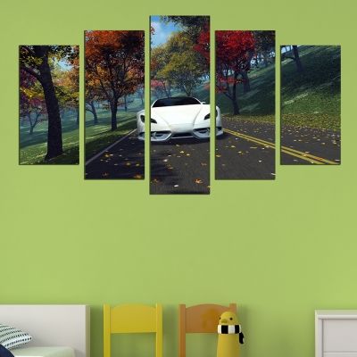 0643 Wall art decoration (set of 5 pieces) Landscape with white car